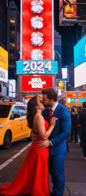 Create an Hyperrealistic image of ((two young lovers, a man and a woman)), who join in a ((passionate kiss:1.8)) on New Year's Eve 2024, ((at midnight)), in ((Times Square, New York)), surrounded by ((a crowd of people joyfully celebrating the arrival of the new year)). ((The young man wears an elegant gentleman suit:1.7)) and ((the young woman wears a sexy red mini dress:1.6)) that is too short and fails to completely cover her buttocks. Low point of view. From behind. ((("2024")))
((Masterpiece, 8k)),  (photorealistic:1.8),  ((intricate details, high_resolution, highest quality)),more detail XL,Movie Still, perfect hands, perfect faces,  perfect fingers, round ass,christmas,Epic Poses,Raw Photo,SEXY POSE,round ass, Masterpiece,Epicrealism,Realistic,Enhanced All,AiArtV,Woman,Girl,cinematic  moviemaker style,Photo Real