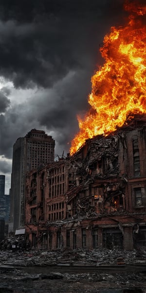 “A devastating view of Manhattan, New York City, ravaged by chaos and destruction, under a fiery red sky ablaze with flames, dark black clouds loom menacingly overhead, framing the ruinous scene. Perfect composition, showcasing every shattered brick and twisted metal, as if plucked from a cinematic still."