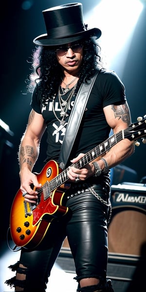 (Full shot), ((Slash  from Guns & Roses rock band 1985)),  (playin a guitar solo). Slash is wearing a black top hat and sunglasses, ((masterpiece)), (extremely detailed cg 8k wallpaper, bright colors, Dramatic light, photoreal, insanely detailed, intricate, highest quality), magical, shallow depth of field, photography, High detailed , EpicArt, ff14bg, (perfect design guitars), dynamic pose