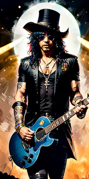 (Full shot), Slash, from Guns & Roses rock band, (playin a guitar solo). Slash is wearing a black top hat and sunglasses,detailmaster2, masterpiece)), ((best quality)), extremely detailed cg 8k wallpaper, bright colors, Dramatic light, photoreal, insanely detailed, intricate, masterpiece, highest quality), magical, shallow depth of field, photography,Movie Still,High detailed ,EpicArt,ff14bg