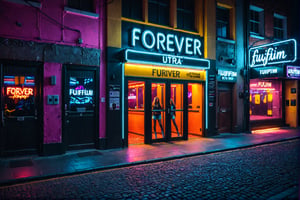 General shot of the door of the trendy nightclub in the city, after closing. The neon lights have gone out. The street is almost empty. Dawn begins to illuminate the streets. Two tired, disheveled girls in club clothes wait at the edge of the sidewalk for a taxi to arrive. ((ultra 4k, 8k, high quality,HDR, photo realistic, casual photo, photorealistic, 8k UHD, high quality, Film grain, Fujifilm XT3)), photo r3al,Landskaper,(((Text "FOREVER" text))).