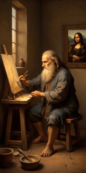 A realistic photograph of Leonardo da Vinci in his studio, crouched on a worn wooden stool, meticulously painting the enigmatic smile of the Mona Lisa. Soft golden light spills from the nearby window, casting a warm glow on the artist's hands as they delicately hold the brush. The subject's eyes are cast downward, focused on their craft, while the surrounding room is cluttered with half-finished sketches and scattered artistic tools.,oil painting