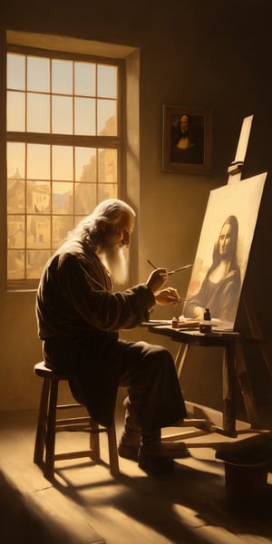 A realistic photograph of Leonardo da Vinci in his studio, crouched on a worn wooden stool, meticulously painting the enigmatic smile of the Mona Lisa. Soft golden light spills from the nearby window, casting a warm glow on the artist's hands as they delicately hold the brush. The subject's eyes are cast downward, focused on their craft, while the surrounding room is cluttered with half-finished sketches and scattered artistic tools.,oil painting