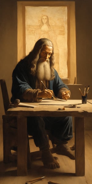 A realistic photograph of Leonardo da Vinci in his studio, crouched on a worn wooden stool, meticulously painting the enigmatic smile of the Mona Lisa. Soft golden light spills from the nearby window, casting a warm glow on the artist's hands as they delicately hold the brush. The subject's eyes are cast downward, focused on their craft, while the surrounding room is cluttered with half-finished sketches and scattered artistic tools.,oil painting