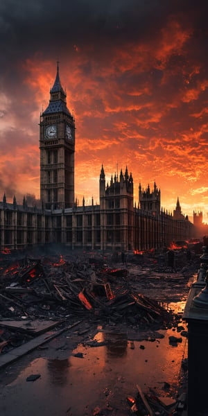 A ((devastating)) street view of ((the ruins of Westminster district in London:1.4)), ((ravaged by chaos and destruction:1.7)), under a fiery red sky ablaze with flames, dark black clouds loom menacingly overhead, framing the ((ruinous scene:1.5)). (Perfect composition), (8K UHD masterpiece:1.2), rendered in (ultra-high quality RAW detail), showcasing every shattered brick and twisted metal, as if plucked from a cinematic still,greg rutkowski