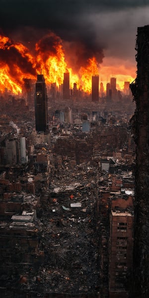 “A devastating aerial view of Manhattan, New York City, ravaged by chaos and destruction, under a fiery red sky ablaze with flames, dark black clouds loom menacingly overhead, framing the ruinous scene. Perfect composition, showcasing every shattered brick and twisted metal, as if plucked from a cinematic still."