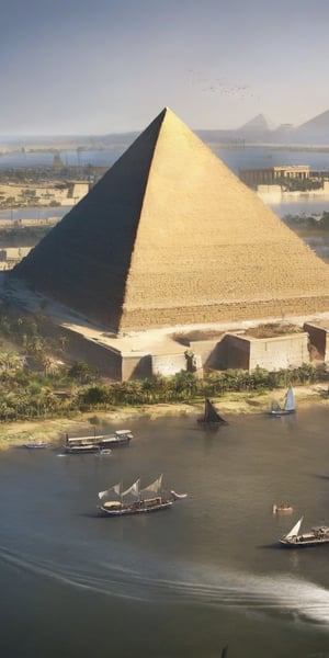 A majestic shot captures the bustling port on the River Nile as ancient pharaohs' reign begins. The newly constructed Great Pyramid of Giza, cloaked in gleaming white limestone slabs, majestically rises into the sky, its apex adorned with glittering gold. Vessels and boats navigate the river, while workers busily unload goods amidst the vibrant market scene. In the distance, the pyramid's grandeur dominates the horizon, a testament to human ingenuity and architectural mastery.,Egyptian mythology style