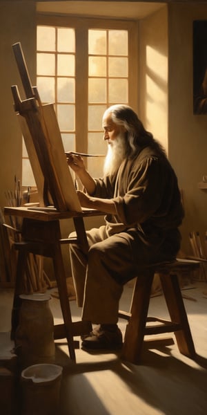 A realistic photograph of Leonardo da Vinci in his studio, crouched on a worn wooden stool, meticulously painting the enigmatic smile of the Mona Lisa. Soft golden light spills from the nearby window, casting a warm glow on the artist's hands as they delicately hold the brush. The subject's eyes are cast downward, focused on their craft, while the surrounding room is cluttered with half-finished sketches and scattered artistic tools.,oil painting