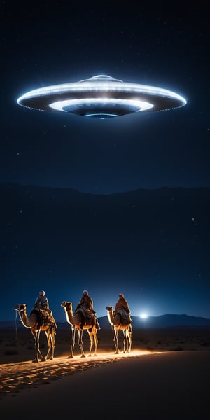 The three wise men of Orient ride their camels through the (dark) desert in a single line, one  behind the other, on a dark desert night. Above them, a very luminous and bright (flying saucer:1.3) guides them from the sky. Apply Perspective. ("Close Encounters of the third kind" film style:1.6)
((Masterpiece, 8k,  photorealistic,  intricate details, high_resolution, highest quality)) ,yofukashi background,more detail XL,Movie Still,EpicSky