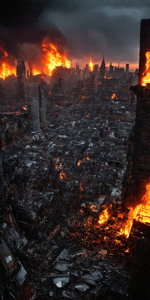 “A devastating aerial view of Manhattan, New York City, ravaged by chaos and destruction, under a fiery red sky ablaze with flames, dark black clouds loom menacingly overhead, framing the ruinous scene. Perfect composition, showcasing every shattered brick and twisted metal, as if plucked from a cinematic still."