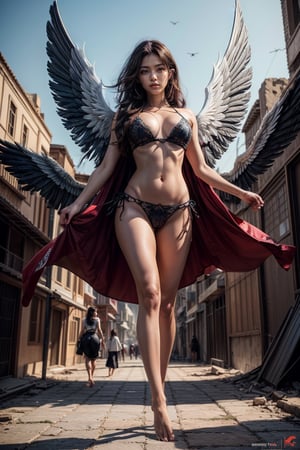  Japanese woman, with ((Large wings, two meters each wings)), angel beautiful symmetrical body, ((full body)), ((barefoot)) phoenix rising from the ashes, slender figure, ancient Persian city, close-up of the body, slender female figure, unusual beauty, upper torso, magnificent figure, ((taking flight)), violet and red sky, ((High resolution)), ((very detailed)), realistic photo, masterpiece, masterpiece, masterpiece, masterpiece, masterpiece, official art, (masterpiece, best quality), intricate details, masterpiece, determined, fearless, dynamic pose, combat pose, heroic, brilliant, ((hyper-detailed face)), ((hyper-detailed eyes)), (((exposed thighs)))), studio quality, professional, realistic, photo, photo, photo, 8k 