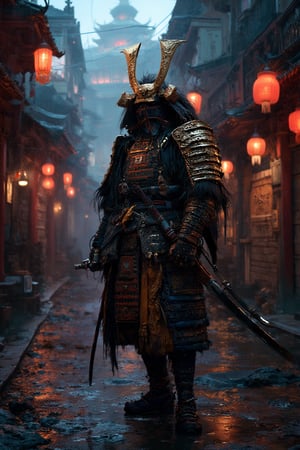 glamour shot of samurai, the Cyberpunk samurai, surrounded by city neon lighting, realistic, realistic, morbide, dark, very detailed, rendered in octane, wet, dense atmospheric, epic, dramatic, empty, creepy, trail cam footage, photorealistic, hyperornate details, photographed by Irakli Nadar and Reylia Slaby, bokeh, particuls, ultra detail, sf, intricate artwork masterpiece, ominous, matte painting movie poster, golden ratio, trending on cgsociety, intricate, epic, trending on artstation, by artgerm, h. r. giger and beksinski, highly detailed, vibrant, production cinematic character render, ultra high quality model
