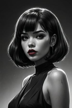 (best quality, sketch1.2), realistic, illustrator, anime, 1 girl, detailed lips, black dress8, custom, (background dark monochrome), neon hair, textured cropping, masterpiece, style retro classic, noir dark, art, sketch book, (bob hair black1.75 neon1.32), bad women, dark shadows