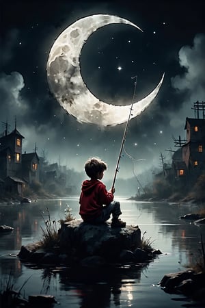 Ashley Wood style, dark scarlet background, Chemiluminescence. (animation. boy fishing sitting on a crescent moon, night, 1 moon, romance, fairytale background) (minimalism: 1), ray tracing details...Stephen Gammell style - Iai in the style of Stephen Gammell