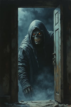 A monstrous figure lurking behind a cracked door, only its glowing eyes visible horror art in pastel, with a misty effect. –ar 3:4 –v 6.1