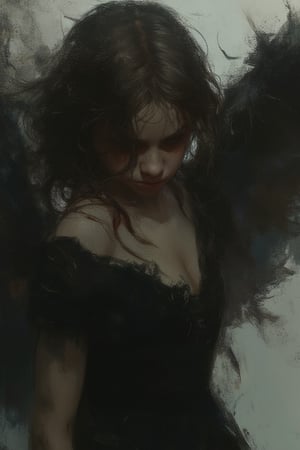 Angel of the darkness. Beautiful cinematic impressionist painting, Dark dramatic character, in the style of Jeremy Mann and Charles Dana Gibson, Mark Demsteder, Paul Hadley, artstation trend, sharp focus, studio photo, intricate details, high detail, Greg Rutkowski, ultra hd, realistic, vivid colors, highly detailed, UHD drawing, pen and ink, perfect composition, beautiful detailed intricate insanely detailed octane render trending on artstation, 8k artistic photography, photorealistic concept art, soft natural volumetric cinematic perfect light





