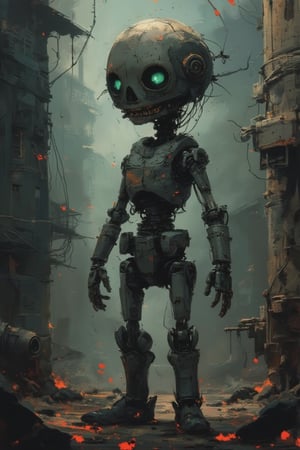 full length view. Little funny robot, porcelain face and head, big turquoise eyes, perfect eyes, top quality style. A wonderful cinematic impressionistic painting in the style of Jeremy Mann and Charles Dan Gibson, Mark Demsteder, Paul Headley. Spartak Mukanov.
