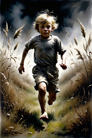 This is Andrew Wyeth - The Art of Andrew Wyeth - with the disturbing and grotesque world of Stephen Gammell, a muted dry brush technique that creates a sense of calm. (animation of a barefoot boy running through the grass, fun, joy, dark monochrome background, masterpiece, fairy-tale background) (minimalism: 1). perfect body anatomy.
