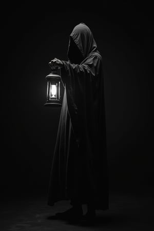 full body cloaked figure holding a lantern out. Without face hands or feet showing. Tattered cloak, shoot from side, side view.dark background, scary background, heavy shadows, dark white and silver, scary, black background, dark white and silver,black and white photography, high contrast photography, sharp super contrast, no blur, no bokeh, focus, all object on the frame, don't cut




