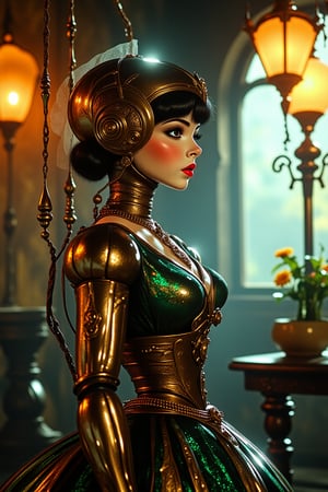 Futuristic vintage medium shot 1920's poster electronik vintage girl robot and ofice, 1820, unreal engine, cozy indoor lighting, artstation, detailed, cinematic, character design by mark ryden and pixar and hayao miyazaki, unreal 5, daz, hyperrealistic, octane render, Broken Glass effect, no background, stunning, something that even doesn't exist, mythical being, energy, molecular, textures, iridescent and luminescent scales, breathtaking beauty, pure perfection, divine presence, unforgettable, impressive, breathtaking beauty, Volumetric light, auras, rays, vivid colors reflects