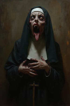 Satanic young nun possessed by a demon, creepy nun girl with crazy eyes, locked in a dark and dirty cell, full body, horror, thick brush strokes. Albrecht Durer, Rembrandt, baroque art, alla prima, sfumato, chiaroscuro, intense light, glare, synthwave