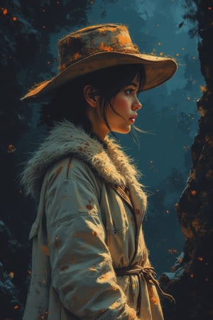 pastel fur, girl looking to the side, dark blue background, dominates lithographic cinematic painting, mixed media print showcasing advanced organic technology, crisp etched outlines on subtle bokeh background, warm morning rays with subtle shadows, subtle textured background. In the style of Frank Frazetta. 3D stone finishing, exquisite long strokes, encapsulating, dimensional, dramatic lighting, intertwined with sandstone texture, print transfer technique, resin gloss texture, oil, resin, grainy textures enhancing tactile aesthetics, aerial perspective breaking through darkness, mystical elements with spotlights on rusty textures, Emphasizing details, bright colors enhance the mood of the work of art. In the style of Frank Frazetta.
