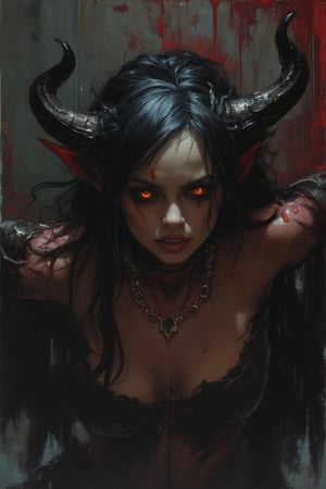 Gloomy, creepy horror, something out of this world. (Female Succubus-demon of lust and debauchery), evil but beautiful face, glossy dark cherry-yellow hellish look, scary-beautiful expressive look in the style of Frank Frazetta, Aykut Aydogdu, Pino Daeni, Charlie Bowett, Albert Joseph Peno, Ray Caesar, Tetsuya Ishida. Zdzislaw Beksinski. masterpiece. Best quality. Beautiful cinematic impressionistic painting in the style fairytale background) (Minimalism: 1), original details. Ashley Wood style. Stephen Gammell.
