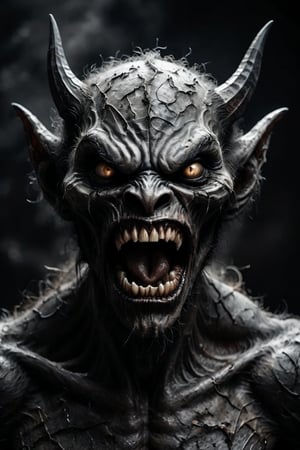 Picture (a black demon with an open mouth, almond-shaped eyes, white sparkling sharp teeth). Acute attacks of terror. a disturbing and grotesque world, with a muted palette and dry brush technique, creating a feeling of hopelessness, desolation, hopelessness, dirt, desolation, slop. dark monochrome background. (Minimalism: 1). Ideal body anatomy.
