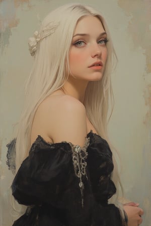 Soft impressionist brush strokes, canvas texture, tight crop, muted colors, portrait painting, female supermodel, white long hair, black dress, goth fashion, intricate detail, detailed eyes, realistic, by jean-baptiste monge20, artgerm5, greg rutkowski30, richard schmid10, action pose20