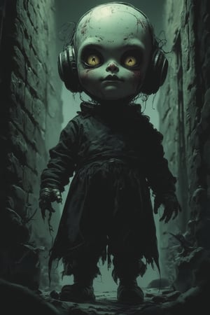 full length view. Little evil robot, porcelain face and head, big eyes, top quality style. Basement darkness, evil entity, creepypasta. Niko Anttila. Jerem Mann, Charles Dana Gibson, Mark Demsteder, Paula Headley, mysterious modern vintage.

