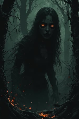 Dark dark scary forest. (village of the damned). darkness - dark, grainy, eerie environment. creepypasta is a scary entity in the form of a woman with very big eyes, a very sad sad look, perfect eyes, of the best quality. gritty urban street art, dark character. in the style of frank frazetta, aykut aydogdu, pino daeni, charlie bowett, albert joseph penaud, ray caesar, tetsuya ishida. zdzislaw beksinski.