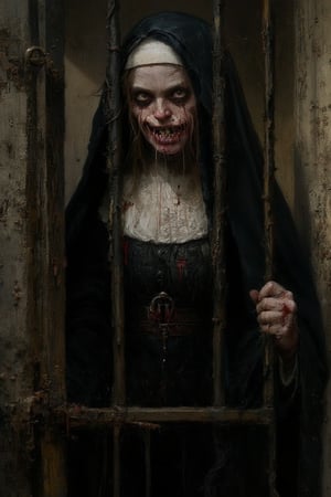 Satanic young nun possessed by a demon, creepy nun girl with crazy eyes, locked in a dark and dirty cell, full body, horror, thick brush strokes. Albrecht Durer, Rembrandt, baroque art, alla prima, sfumato, chiaroscuro, intense light, glare, synthwave
