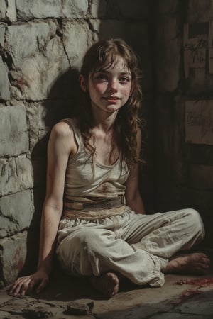 Highly detailed and atmospheric scene of a young woman with disheveled hair, sitting on the floor in the corner of a large padded room. She has a disturbing grin on her face, with wide-open spiraling pupils. Her head is tilted to the right, giving her a demented look. She’s wearing a clearly visible white straitjacket, tightly secured, and loose white cotton jogging pants. The walls are covered in strange, bloody inscriptions, adding a ritualistic and eerie atmosphere. The room is completely empty, except for her, sitting in the padded space. The lighting emphasizes the unsettling atmosphere, with intricate details on her expression, the texture of the padded walls, and the bloody writings.