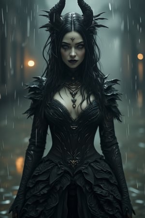 Masterpiece, remote full length shot of a stunning and beautiful demon with long black hair, alluring slender body, intricate and highly detailed face, clear face, dominant expression, standing in pouring rain, body wet from rain, wearing intricately detailed victorian era gown, face centered, full body, intricately detailed eyes, volumetric illumination 2.3, digital illustration, intricacies tay very detailed, very detailed