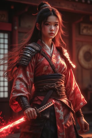 samurai girl wearing a kimono with shoulder armor, she's holding a katana glowing with red energy, her long hair is flowing in the wind, she stands in a dojo training for her next battle. (maximum ultra high definition image quality and rendering:3), maximum image detail, maximum realistic render, (((ultra realist style))), realist side lighting, , 8K high definition, realist soft lighting, (amazing special effect:3.5). S1n0z1ck style, mythp0rt, samurai