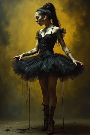 Full length view. Dark, creepy horror (ballerina in a tutu), evil, glossy dark cherry yellow hellish look, frighteningly beautiful expressive look in the style of Ashley Wood, Stephen Gammell. -Ar 9:16 --stylize 750
