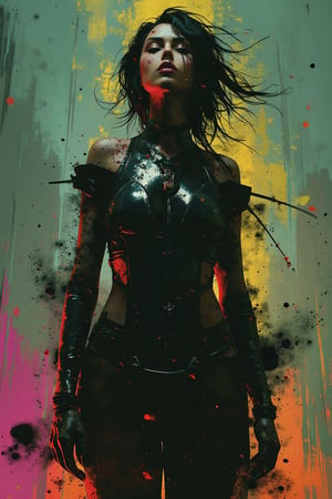 Concept art of a female horror character, enshrouded in flowing black ink that merges with her form, exuding an enigmatic and sophisticated presence. the image is photorealistic and detailed, reminiscent of a fluid gouache painting with calligraphic flourishes. the scene is lit with a combination of natural and volumetric lighting that casts dramatic highlights and shadows, emphasizing the complexity of the design. the style is fantastical and maximalist, with a mysterious and elegant atmosphere akin to a high-resolution professional photo. the background features a vibrant three-color gradient of teal, magenta, and gold, adding depth and variation to the composition.
