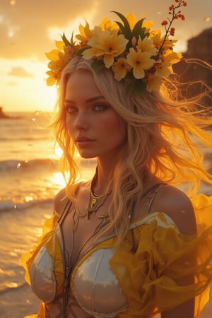 Create a picturesque image of a tranquil beach in the charming artistic style of Pino Daeni. A woman in a futuristic suit with dark yellow cherry blossom flowers. Beautiful face, perfect anatomy, perfect eyes, detailed eyes. Capture the beauty of a serene Sunday evening as the sun sets over the ocean. Use a medium perspective with the Canon EOS R6 Mark II and Sigma 50mm f/1.4 DG HSM Art Lens to achieve highly detailed, photorealistic and romantic images. Enjoy the warm golden hues of the sunset reflected in the calm waves and soft sandy beach. Be sure to include a woman in a futuristic costume with dark cherry balloons. Beautiful face, perfect anatomy, perfect eyes, detailed eyes., conveying a feeling of love and relaxation. The image should be in high resolution, ideally 8K, with a fabulous and emotionally evocative atmosphere, reminiscent of a Pino Daeni painting, broken glass effect, no background, amazing, something that doesn't even exist, mythical creature, energy, molecular