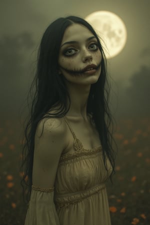 Imbued with the essence of a retro-futuristic aesthetic, eerie setting, sepia, eerie setting. creepypasta is a scary entity in the form of a girl with very large eyes and a frightening smile in the style of elson peter, diego the dyer, peter mohrbacher, karol bak. (focus on 1 full-length frame, 1 beautiful ,full moon, 32k ,hyper hd), (masterpiece, best quality, ultra detail 1.6), illustration, (one, 1 female essence), imbued with the essence of retro-futuristic aesthetics. (full length, wide angle, centered, no crop) - with 916 (for example --ar 916 - -ar 12)