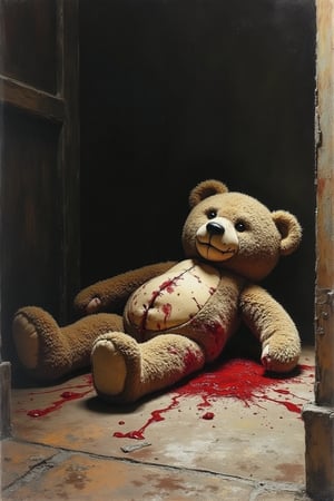 A torn and bloody stuffed teddy bear lying on a dark, dusty floor, horror art in colored pencil, soft tones contrasting with the horror theme. –ar 3:4 –v 6.1 digital horror art, surreal and nightmarish the style of Ashley Wood, Stephen Gammell.