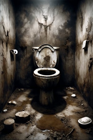 Painting by Russian artist Vladimir Shulzhenko “Toilet”. a disturbing and grotesque world, with a muted palette and dry brush technique, creating a feeling of hopelessness, desolation, hopelessness, dirt, desolation, slop. dark monochrome background. (Minimalism: 1). Ideal body anatomy.

