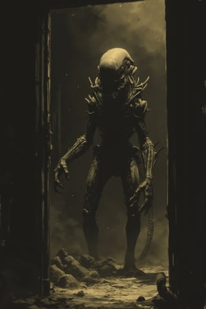 Xenomorph or alien is a bloodthirsty alien monster. a second, smaller jaw extends from its mouth, with which it kills its victims. night room, dark room, completely darkened room, sepia, grainy, eerie environment. strange surrealism. creepypasta is scary. style by frank frazetta, pino denis, charlie bowett, albert joseph penaud, ray caesar, tetsuya ishida. dariusz zawadsky. tetsuya ishida. zdzislaw beksinski. sven 37.