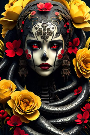 A giger style surrealistic, ethereal painting of a goddess of death, her face shrouded in a veil of shadows, head painted like a skull skeleton, death, black flowers, Mexican style, full body, fantasy, elegant, highly detailed, digital painting, artstation, concept art, smooth, sharp focus, 4K, photography, photorealistic, detailed illustration cute digital painting, soft lighting, isometric style, retro aesthetic, 4K resolution, photorealistic rendering, snakes, yellow accents, red lips