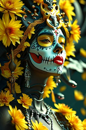 A giger style surrealistic, ethereal painting of a goddess of death, her face shrouded in a veil of shadows, head painted like a skull skeleton, death, black flowers, Mexican style, full body, fantasy, elegant, highly detailed, digital painting, artstation, concept art, smooth, sharp focus, 4K, photography, photorealistic, detailed illustration cute digital painting, soft lighting, isometric style, retro aesthetic, 4K resolution, photorealistic rendering, snakes, yellow accents, red lips