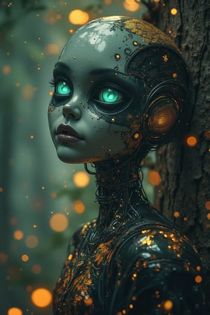 Create an image where the treetops are decorated with twinkling lights, merging nature with a magical starry atmosphere. (Little funny robot, porcelain face and head, big turquoise eyes) perfect eyes double exposure, floral fantasy, dark sci-fi. Gothic biomechanical essence in art deco style, Her punkish, tattooed, voodoo-like figure is partially hidden in a swirling dress of obsidian silk printed with delicate filigree floral patterns that echo the inimitable style of Gustav Klimt. Finding yourself in an environment of reflective holographic mirror panels, which split the space around her into a scattering of angular contrasts, a background of shadows on a bright background






