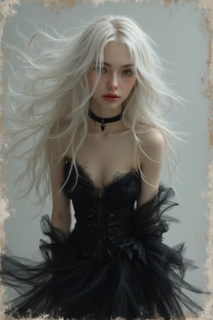 Soft impressionist brush strokes, canvas texture, tight crop, muted colors, portrait painting, female supermodel, white long hair, black dress, goth fashion, intricate detail, detailed eyes, realistic, by jean-baptiste monge20, artgerm5, greg rutkowski30, richard schmid10, action pose20