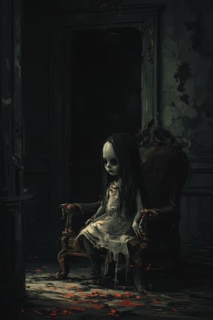 Night room. Creepypasta is a scary entity in the form of a cute, beautiful doll with very large eyes. A creepy look from the shadows. Rembrandt's style. (minimalism: 1), high detail, Greg Rutkowski.
