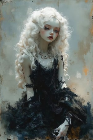 Soft impressionist brush strokes, canvas texture, tight crop, muted colors, portrait painting, female supermodel, white long hair, black dress, goth fashion, intricate detail, detailed eyes, realistic, by jean-baptiste monge20, artgerm5, greg rutkowski30, richard schmid10, action pose20