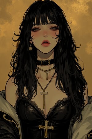 A woman in a frontal pose with long, voluminous black hair, wearing a low-cut black dress with lace detailing, a black choker, and a pendant necklace. She has a confident, alluring expression, and the background is a rich, textured gold, contrasting with her dark attire






