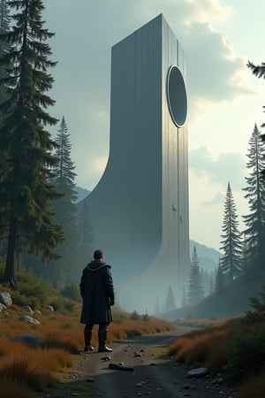 ultra realistic, woods landscape with gigantic metallic alien wall up in distance right side with a small opening, a man standing in space Viking suite, cloudy sky, black hole up in the sky in the back